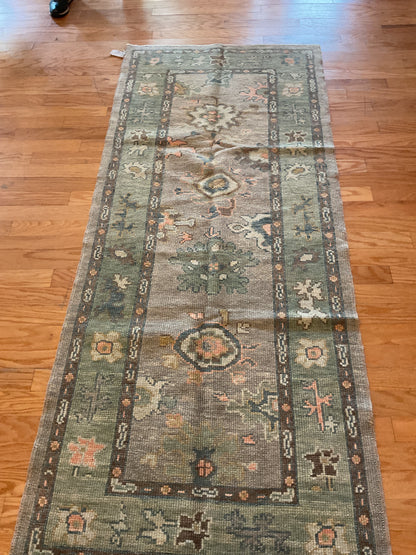 Turkish Oushak Runner, 3'3" x 7'7", in brown, green, grey and peach