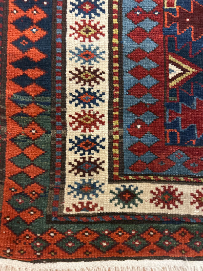 Antique Russian Kazak Runner, 3'2" x 8'11", in ivory, navy, red and rust - photo 2