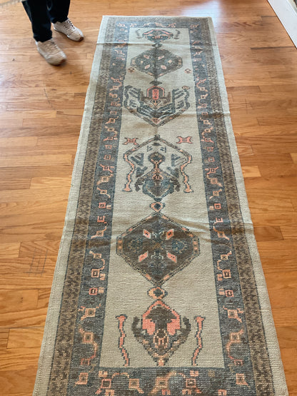 Turkish Oushak Runner, 3' x 9'1", in baby blue, charcoal, grey and pink - photo 4