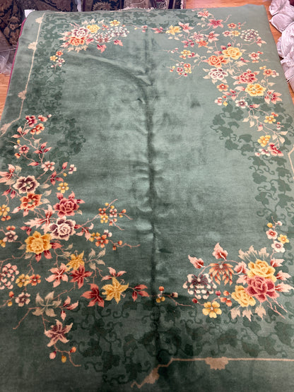 Antique Sino Chinese Deco Rug, 5'11" x 8'5", in gold, green, pink and red
