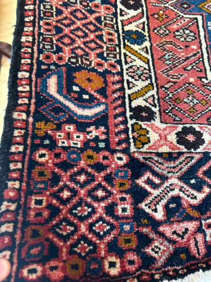 Vintage Persian Karajh Runner, 3'5" x 15'2", in ivory, navy, red and salmon
