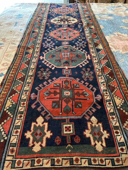 Antique Russian Kazak Runner, 3'1" x 11'3", in green, ivory, navy and red