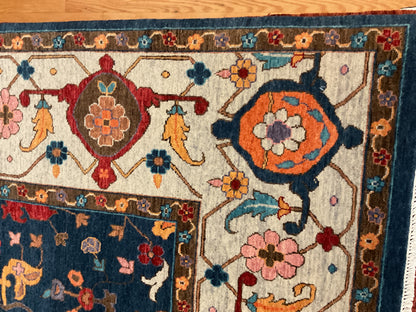 Indian Serapi Rug, 9'1" x 12', in ivory, navy, orange and pink - photo 3