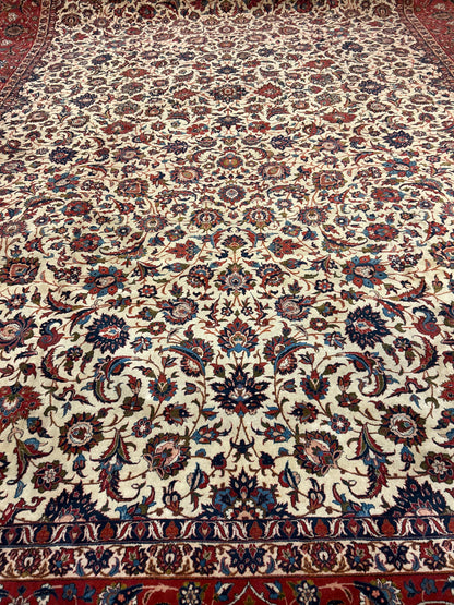 Vintage Persian Esfahan Rug, 14'4" x 22', in blue, ivory, navy and red