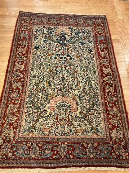 Antique Persian Kashan Rug, 4'5" x 6'7", in baby blue, ivory, navy and red