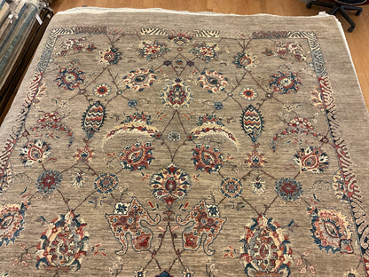 Afghan Peshawar Mohal Rug, 8'5" x 9'8", in grey, ivory, navy and red