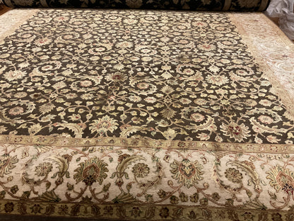 Indian Agra Jaipur Rug with Silk, 7'11" x 9'9", in beige, black, gold and ivory