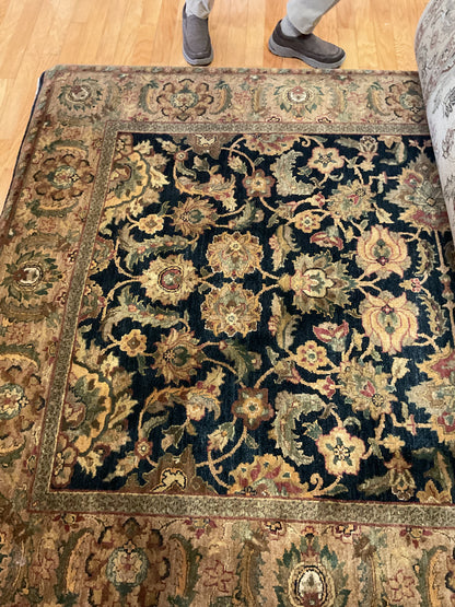 Indian Agra Jaipur Rug, 6' x 8'11", in beige, gold, navy and olive