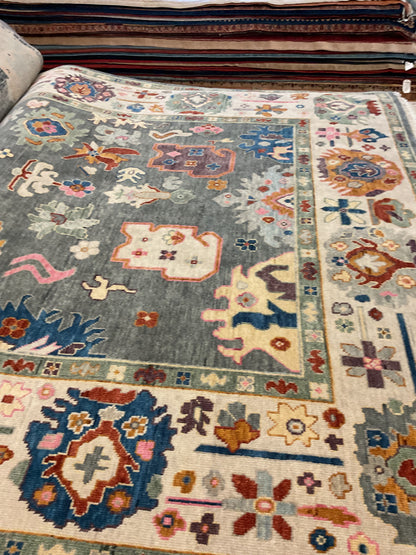 Indian Oushak Rug, 8'11" x 12', in blue, gold, grey and ivory