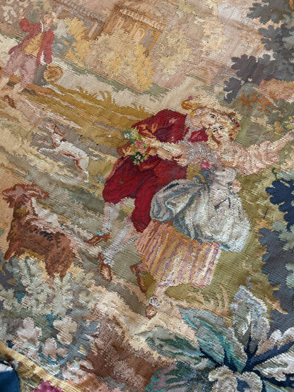 Antique European Belgium Handloom Tapistry Tapestry, 6'10" x 7'10", in beige, blue, gold and green - photo 4