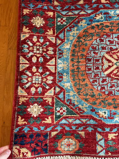 Afghan Mamluk Runner, 2'8" x 9'8", in baby blue, navy, orange and red - photo 2