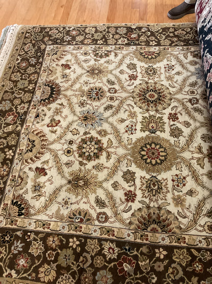 Indian Agra Jaipur Rug, 6' x 9', in beige, brown, gold and ivory