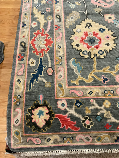Indian Oushak Rug, 6' x 8'10", in blue, charcoal, gold and pink - photo 2