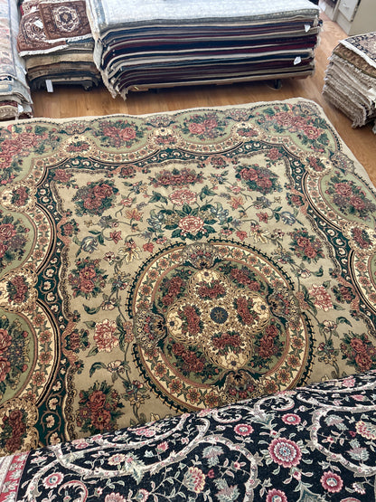 Pakistani Lavar Rug, 9' x 12'1", in green, ivory, khaki and rose - photo 2