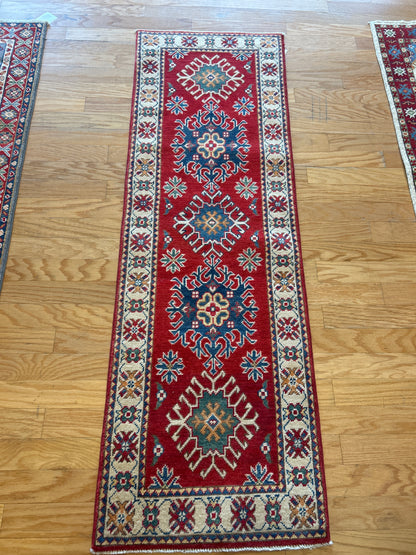 Afghan Kazak Runner, 1'11" x 6', in blue, green, ivory and red