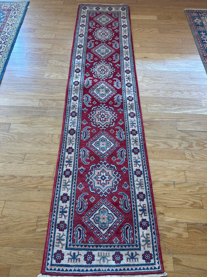 Afghan Kazak Runner, 1'10" x 8', in ivory, navy and red