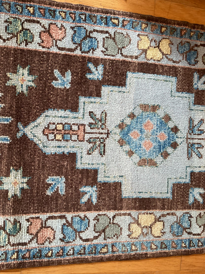 Turkish Oushak Rug, 3'1" x 5', in baby blue, brown, pink and yellow - photo 3