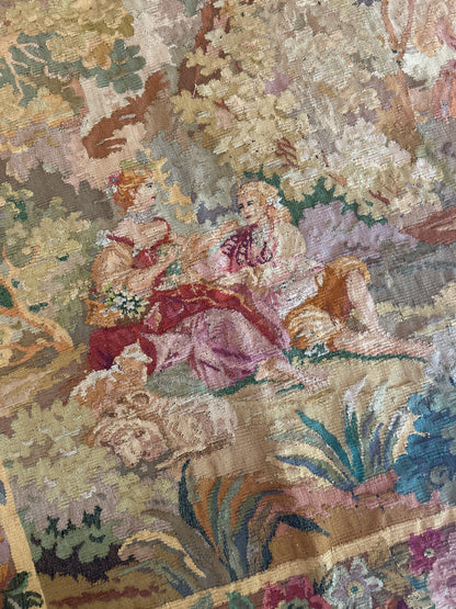 Antique European Belgium Handloom Tapistry Tapestry, 6'10" x 7'10", in beige, blue, gold and green - photo 3