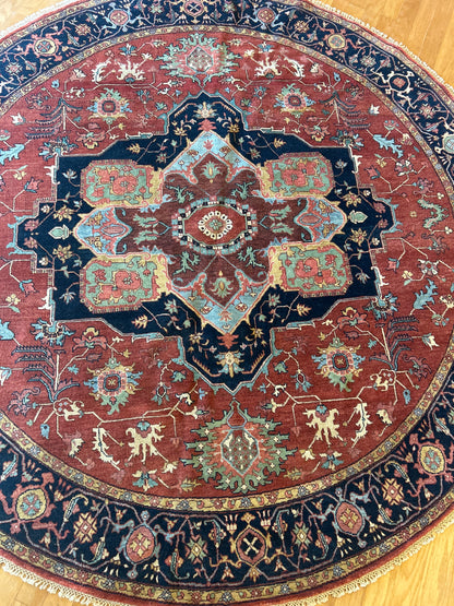 Indian Heriz Rug, 8' x 8', in blue, brick, gold and green