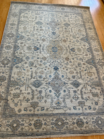 Indian Mohal Rug, 5'7" x 7'11", in blue, grey and ivory