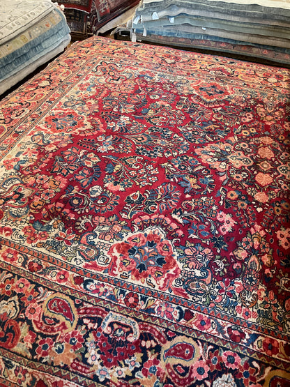 Antique Persian Sarouk Rug, 9'1" x 11', in blue and burgundy - photo 4