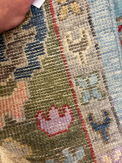 Indian Oushak Rug, 7'10" x 9'11", in baby blue, olive, pink and red - photo 4