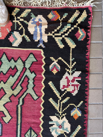 Vintage Turkish Bessarabian Kilim, 7'4" x 11', in black, mint, pink and raspberry - photo 3