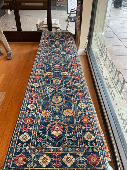 Afghan Mohal Runner, 2'8" x 11'6", in blue, gold, ivory and red