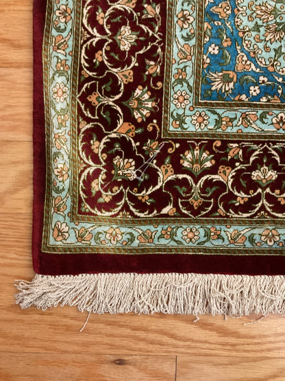 Persian Ghom Silk Rug, 3'4" x 5'10", in blue, burgundy, gold and ivory - photo 2