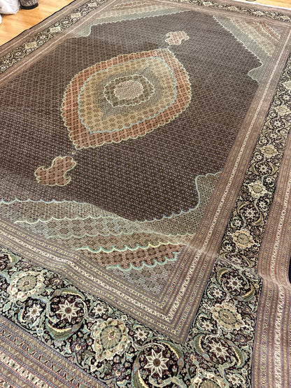 Vintage Persian Tabriz Rug with Silk, 12'11" x 19'11", in black, cocoa, salmon and sea moss - photo 6