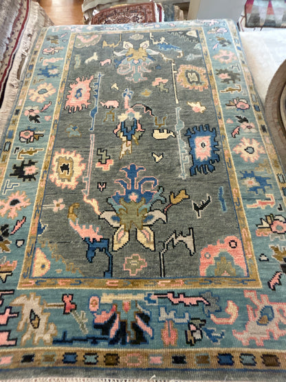 Indian Oushak Rug, 4'2" x 6', in blue, gold, grey and pink