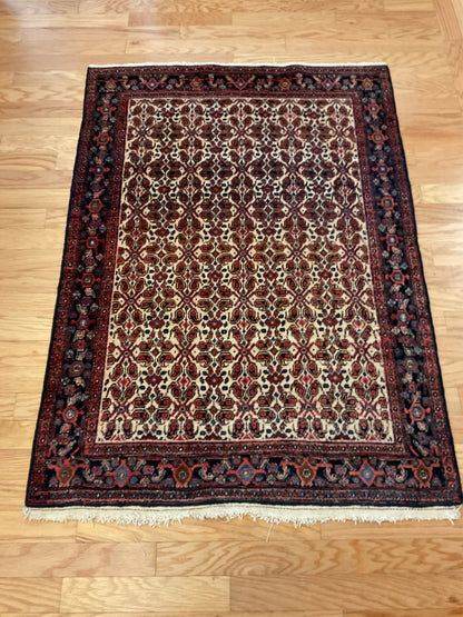 Antique Persian Senneh Rug, 3'7" x 4'11", in ivory, navy, red and rust