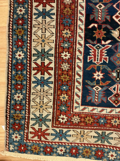 Antique Russian Kazak Rug, 3'11" x 5'6", in baby blue, ivory, navy and red - photo 2