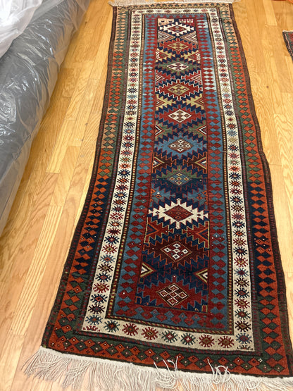 Antique Russian Kazak Runner, 3'2" x 8'11", in ivory, navy, red and rust