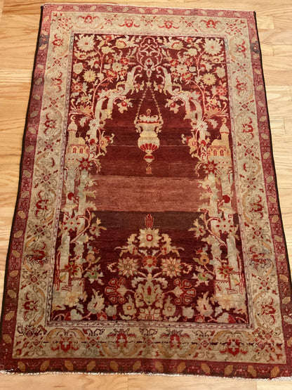 Antique Turkish Sevas Rug, 3'2" x 4'11", in beige, burgundy and red
