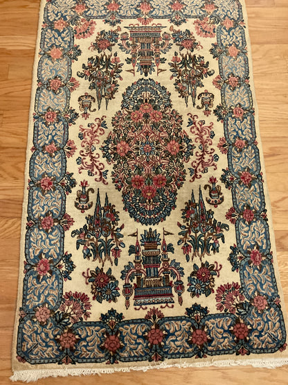 Antique Persian Kerman Rug, 3'1" x 5', in blue, ivory, pink and red