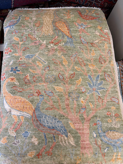 Afghan Peshawar Rug, 2'2" x 3', in green and pink - photo 3