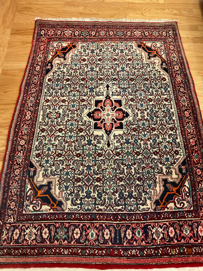 Vintage Persian Khotan Rug, 4'4" x 6'3", in ivory, navy and red