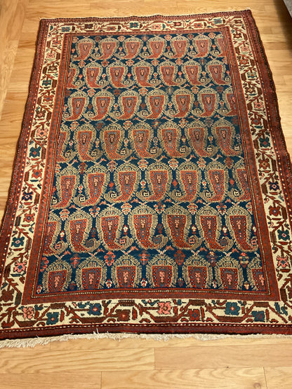 Antique Persian Kurdish Rug, 4'9" x 6'5", in blue, ivory, navy and rust