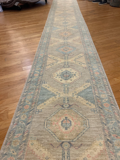 Pakistani Oushak Runner, 2'10" x 17'6", in baby blue, blue, ivory and pink