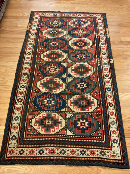 Antique Russian Kazak Runner, 3'9" x 6'7", in blue, ivory, navy and red