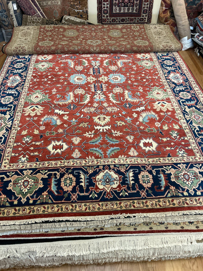 Indian Heriz Serapi Rug, 8'9" x 11'9", in ivory, navy, rust and teal