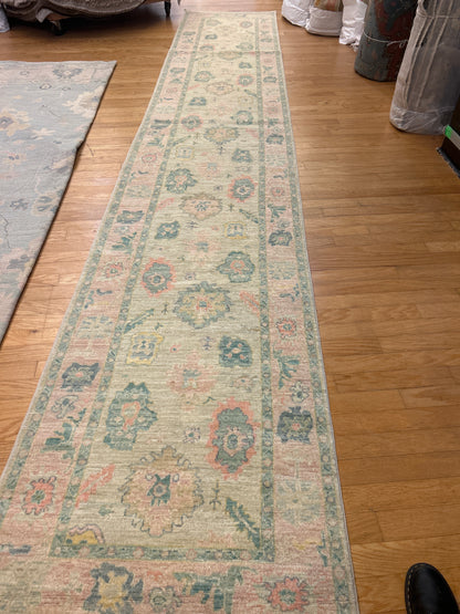 Pakistani Oushak Runner, 3'1" x 17'4", in green, ivory, pink and yellow