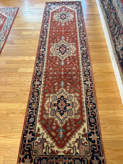 Indian Heriz Runner, 2'7" x 9'10", in ivory, navy and rust
