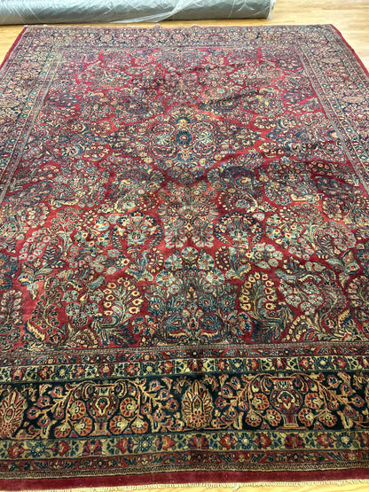 Antique Persian Sarouk Rug, 10'10" x 13'5", in blue, gold, ivory and navy
