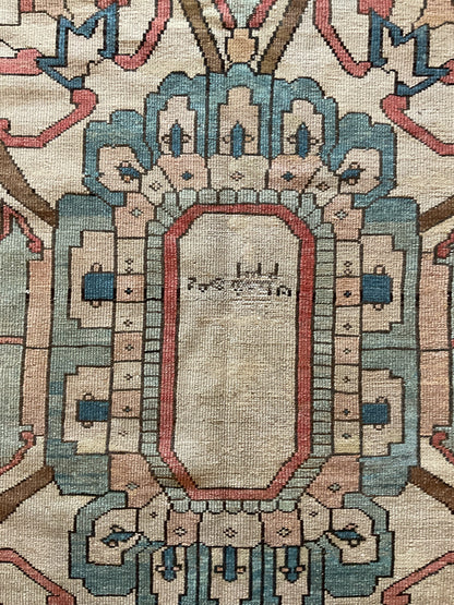 Antique Persian Serapi Rug, 9'3" x 13', in ivory, navy, salmon and teal - photo 5