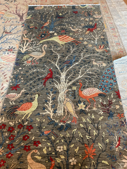 Afghan Peshawar Runner, 4'2" x 9'5", in blue, charcoal, ivory and orange