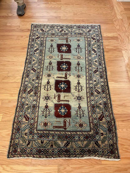 Antique Turkish Kazak Rug, 3'3" x 5'10", in baby blue, brown, burgundy and ivory