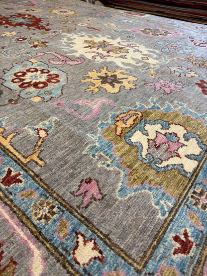Afghan Oushak Rug, 8'9" x 11'11", in baby blue, blue, grey and pink - photo 6