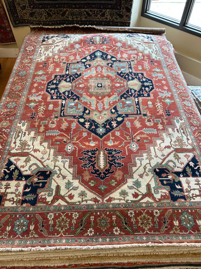 Indian Serapi Rug, 5'10" x 8'11", in ivory, navy, rust and teal
